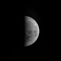 Image of the Moon taken with the OSIRIS Narrow Angle Camera at 06:36 UTC about 9 hours after Rosetta's closest approach to the Earth. The image has been acquired through the far focus red filter of the camera (750nm). OSIRIS has been designed to image faint objects so a neutral density filter was placed in the optical path to reduce the sensitivity of the camera 50 times