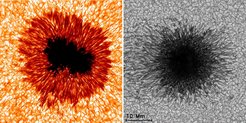 A sunspot: observation (left) and simulation (right)